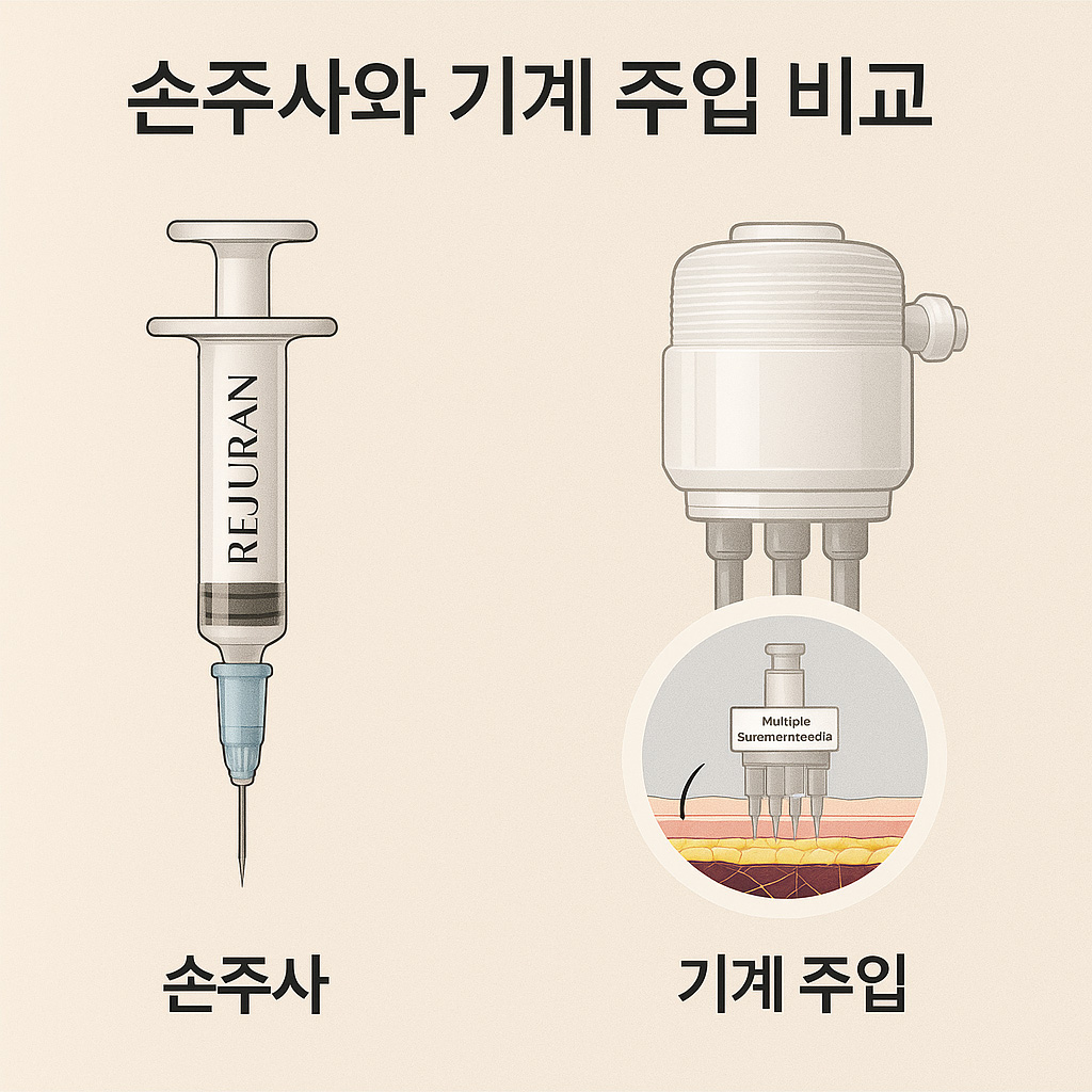 리쥬란 손주사와 기계 주입 방식 비교 이미지 – 각각의 피부층 주입 방식 시각화
