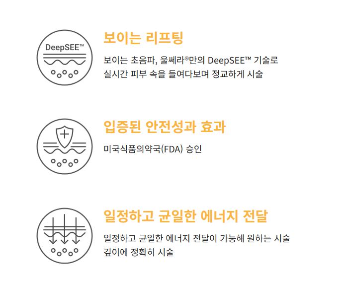 울쎄라 리프팅의 특징 요약. DeepSEE 기술 기반의 리프팅, FDA 승인 안전성, 정확한 에너지 전달